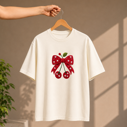Cherry Bow Oversized French Terry T-Shirt – 240 GSM