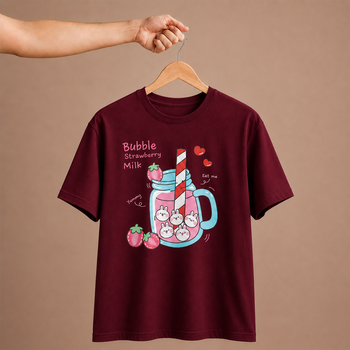 Bubble Strawberry Milk Bunny Oversized T-Shirt | 240 GSM French Terry
