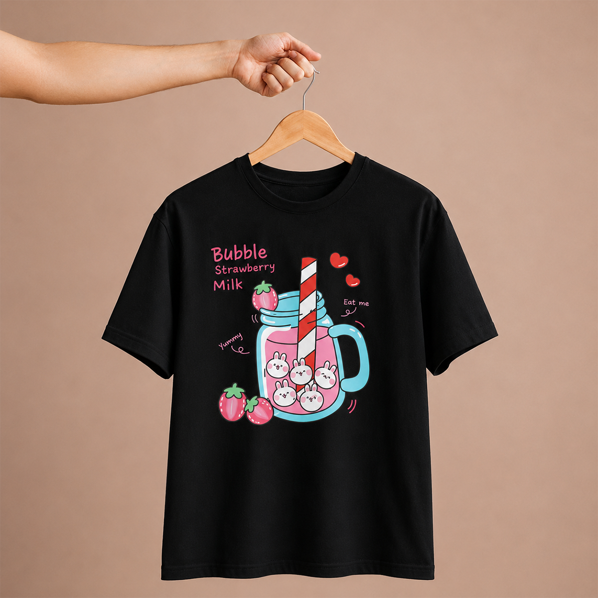 Bubble Strawberry Milk Bunny Oversized T-Shirt | 240 GSM French Terry