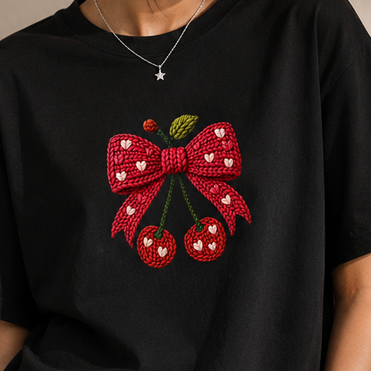 Cherry Bow Oversized French Terry T-Shirt – 240 GSM
