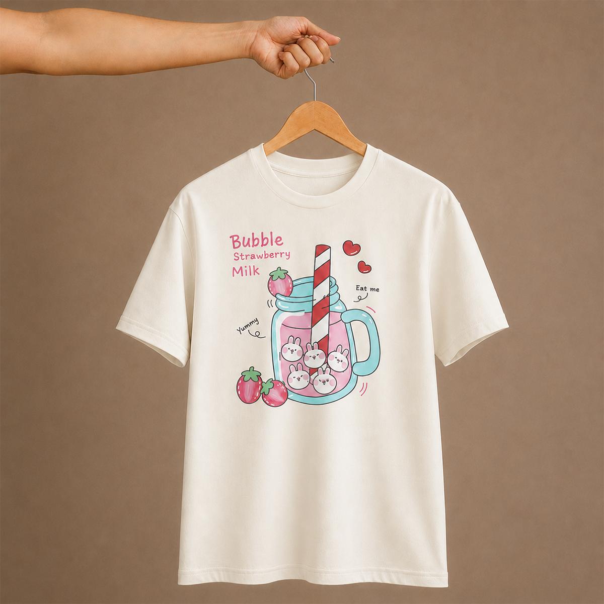 Bubble Strawberry Milk Bunny Oversized T-Shirt | 240 GSM French Terry