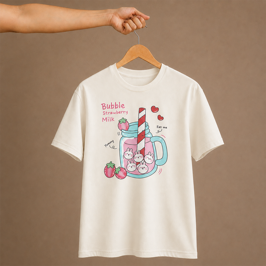 Bubble Strawberry Milk Bunny Oversized T-Shirt | 240 GSM French Terry