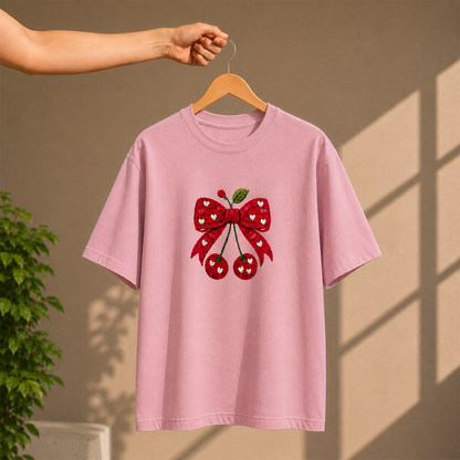 Cherry Bow Oversized French Terry T-Shirt – 240 GSM