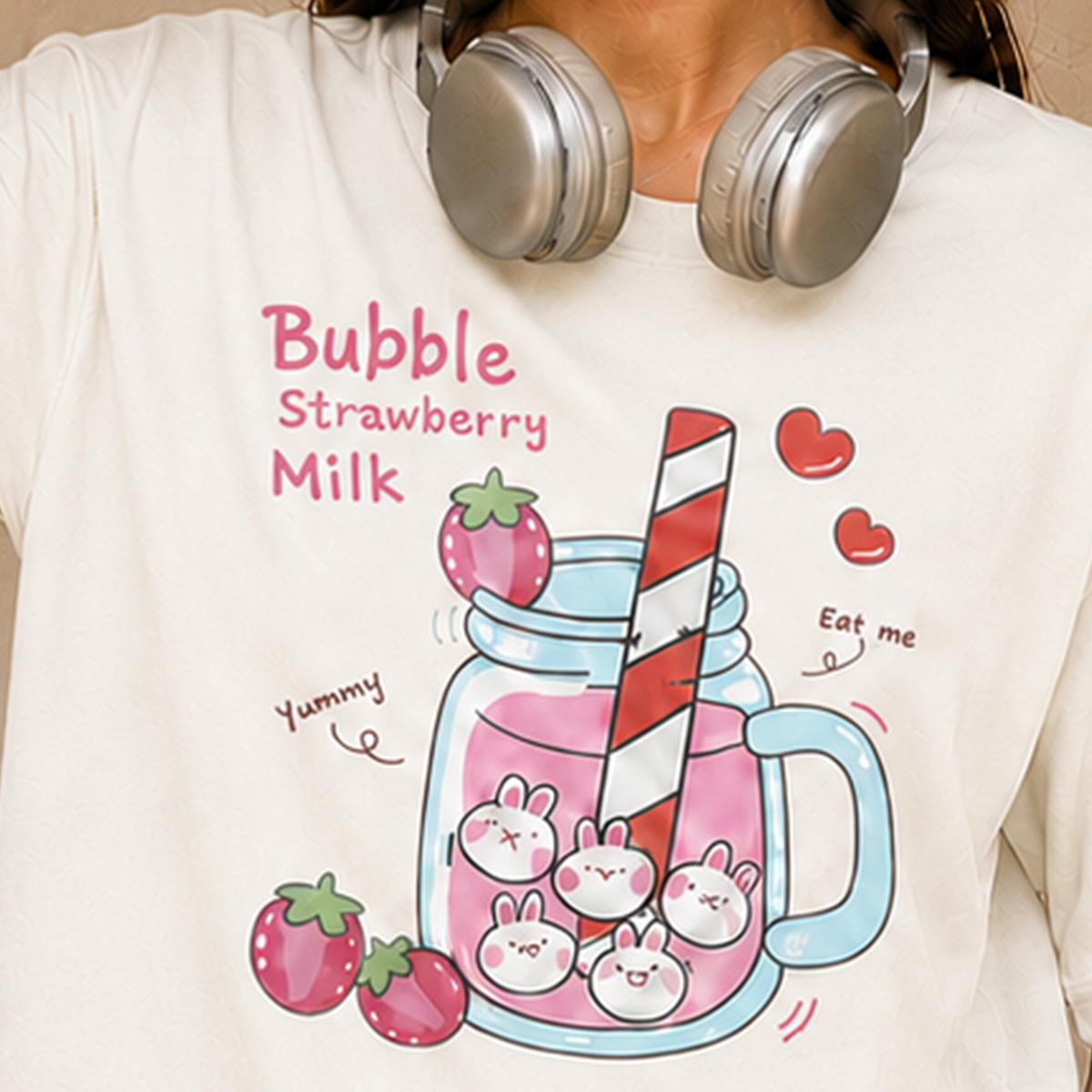 Bubble Strawberry Milk Bunny Oversized T-Shirt | 240 GSM French Terry
