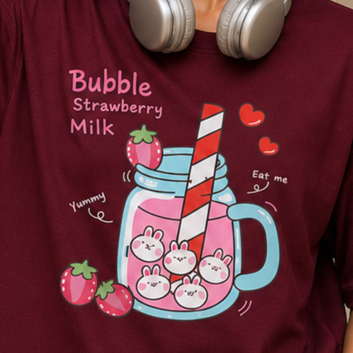 Bubble Strawberry Milk Bunny Oversized T-Shirt | 240 GSM French Terry