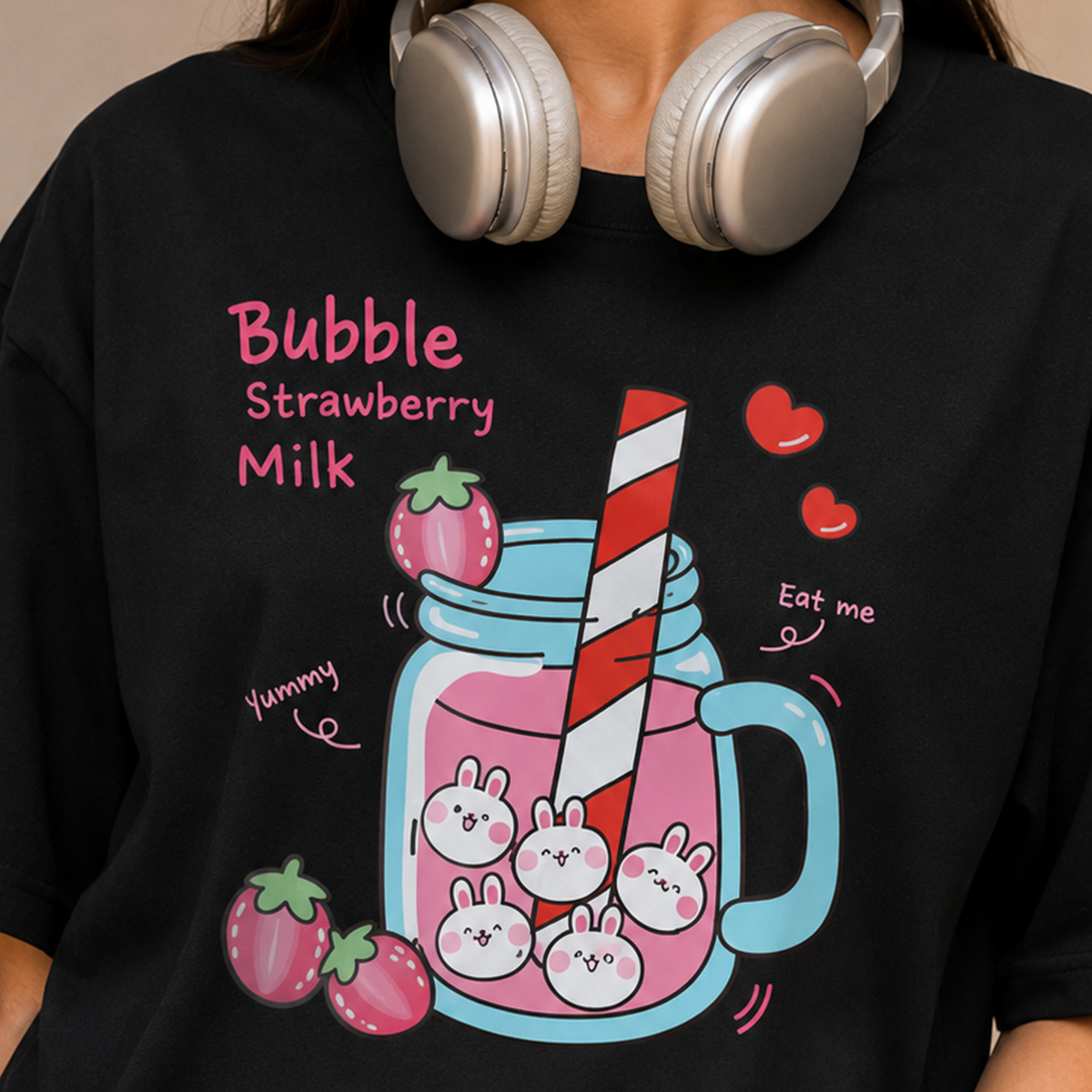 Bubble Strawberry Milk Bunny Oversized T-Shirt | 240 GSM French Terry