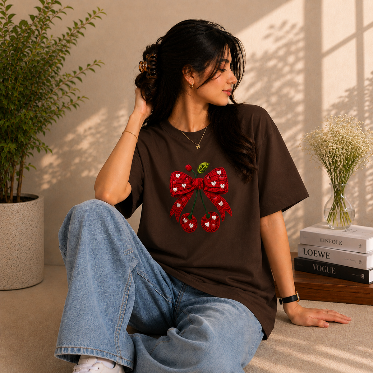 Cherry Bow Oversized French Terry T-Shirt – 240 GSM