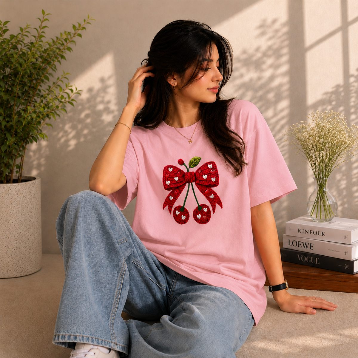 Cherry Bow Oversized French Terry T-Shirt – 240 GSM