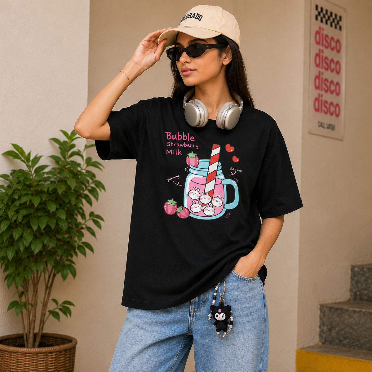 Bubble Strawberry Milk Bunny Oversized T-Shirt | 240 GSM French Terry