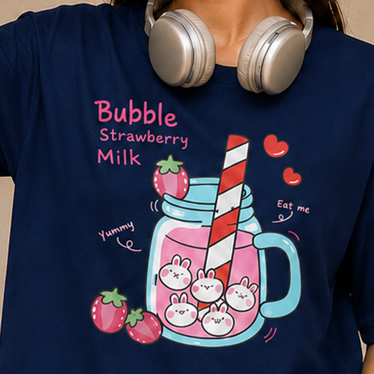 Bubble Strawberry Milk Bunny Oversized T-Shirt | 240 GSM French Terry