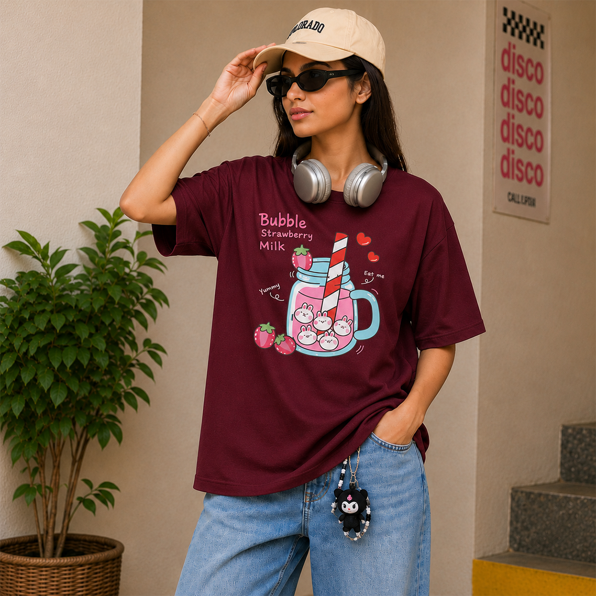 Bubble Strawberry Milk Bunny Oversized T-Shirt | 240 GSM French Terry